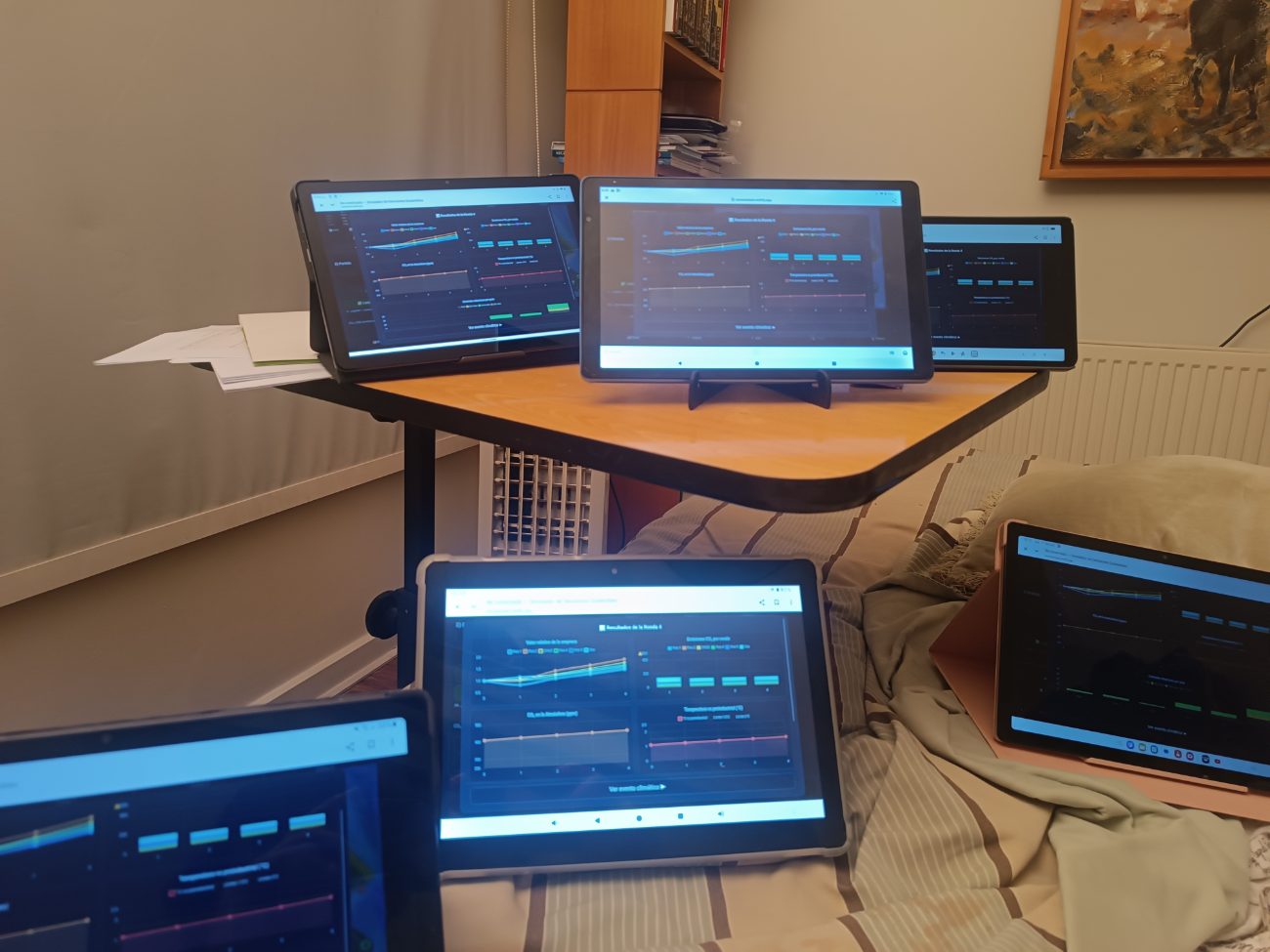 Tablets mostrando los dashboards del simulador con gráficos de valor, emisiones y temperatura en tiempo real